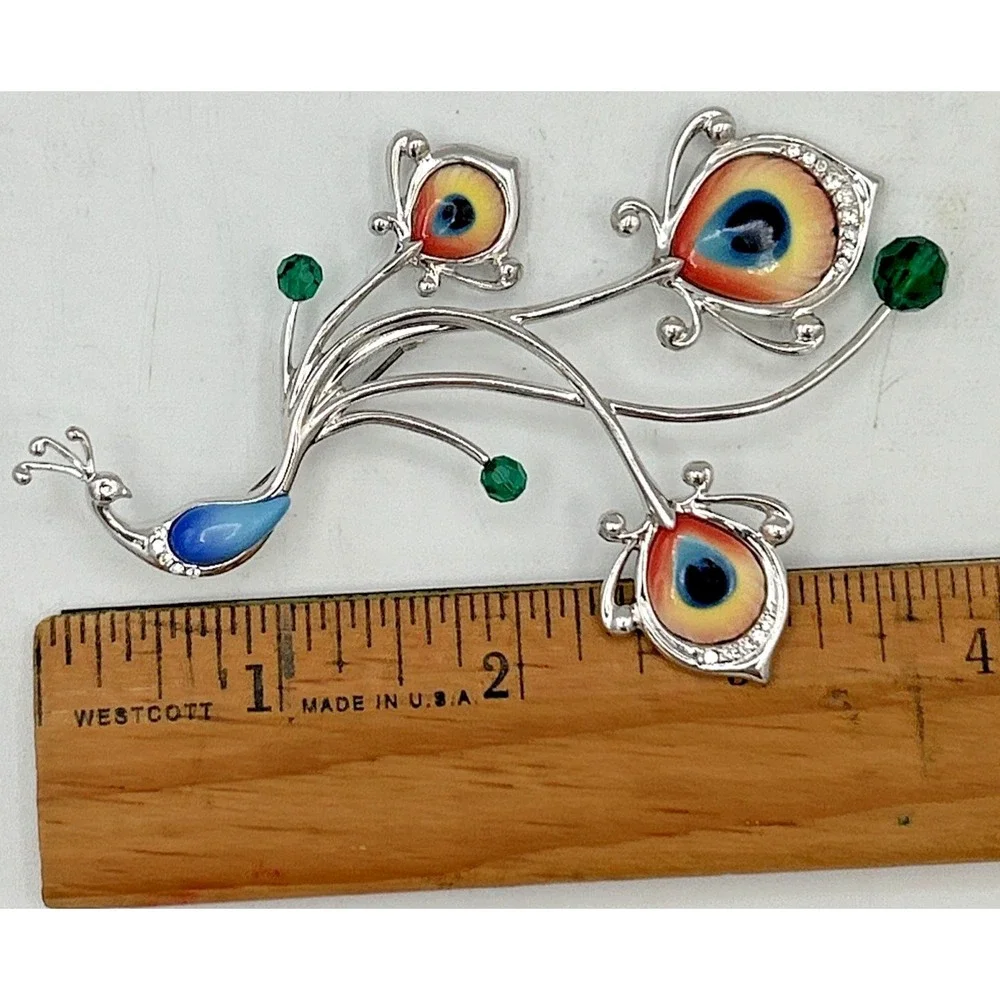 Franz Collection Peacock Brooch Pin Rhodium Plated Brass Porcelain Proud Bird‎